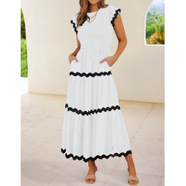 ZESICA Women's Summer Flutter Short Sleeve Smocked Midi Dress Casual High Waist Rickrack Tiered Flowy Dresses,White,Large