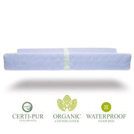 Organic Cotton Contoured Baby Changing Pad w/Waterproof Foam Mattress, includes Soft, Removable & Washable Cover, Safety Strap, Non-Slip Bottom, Topper for Standard Size Infant Diaper Table & Dresser