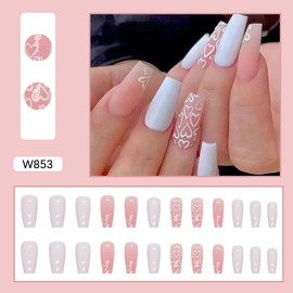 24Pcs Heart Press on Nails Medium Square Fake Nails with Heart Design French False Nails Full Cover Valentines Day Glue on Nails Reusable Artificial Nails for Women Acrylic Nails Manicure Decorations