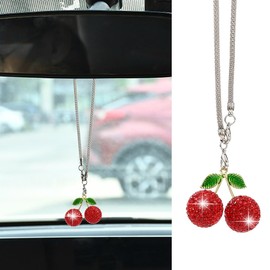 Blueshyhall Kirsche Anhänger Auto Ruckspiegel Glitzer, Bling Bling Cherry Anhänger Rot aus Strass und Metall Klein, Hängend Ornament Deko für Auto Buro Haus Rucksack Charm Damen Frauen
