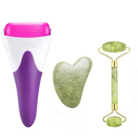 3 in 1 Ficial Face Ice Jade Roller and Gua Sha Tool, Natural Real Jade Anti-Wrinkle Face Eye Neck Massager Tool, Reduce Wrinkles, Puffiness, Migraine, Redness, Pain and Injury Purple