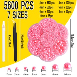 5600pcs Flatback Pearls for Crafts Mixed Sizes Half Pearl Bead Flat Back Plastic Beads Loose Bead with Pickup Pencil and Tweezer for DIY Craft Makeup Jewelry Decorations Nail Art Making-Light Pink