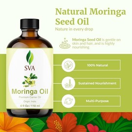 SVA Organics Aceite de Moringa de 4 onzas, orgánico, 100% puro y natural, aceite portador auténtico y de grado terapéutico de primera calidad para el cuidado de la piel, el cuidado del cabello, la aromaterapia y el masaje