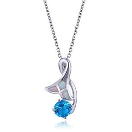 Whale Tail - Mermaid Tail Pendant in Sterling Silver and White Opal with Round-Cut Blue Topaz