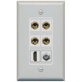 RiteAV 4 Port Banana 2 Speaker Binding Post HDMI Coax Wall Plate - 1 Gang Decorative [Gray/Gray]