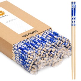 SEMORK 100 Pairs Bamboo Chopsticks Disposable Premium Bulk Separated Individually Wrapped Chinese Styles Blue and White Porcelain chop sticks(9.45in)