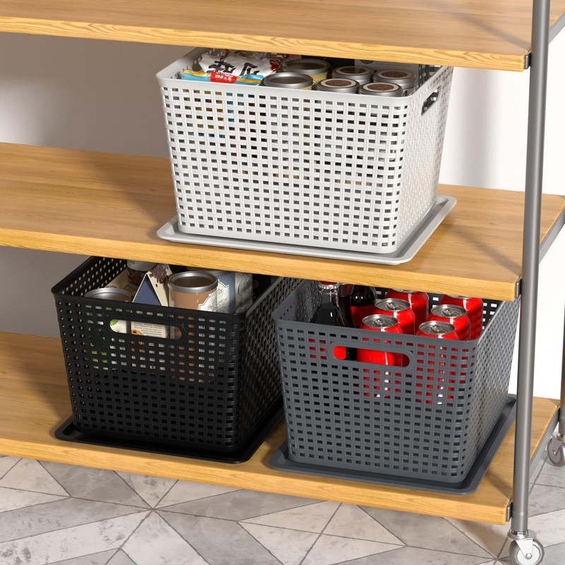 Ggbin 6-Pack Large Plastic Weave Basket with Lid, Black Storage
