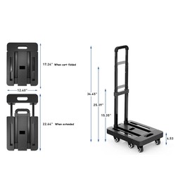 Mount Plus A3 Folding Hand Truck, 6 Wheels Fold Up Hand Cart with 2 Elastic Ropes, Portable 500lbs Capacity Heavy Duty Luggage Cart, Utility Dolly Platform Cart for Car, House and Office