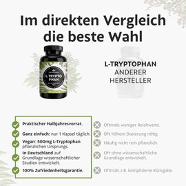L-Tryptophan - 500mg per daily dose - 180 capsules for 6 months - from fermentation - vegan, developed in Germany & laboratory tested