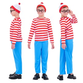 CosExpress Wheres Wally Costume Kids World Book Day Costumes for Boys, Wheres Wally Fancy Dress Kids with Red and White Striped T shirt,Wheres Wally Hat and Glasses, Book Character Costumes for Boys