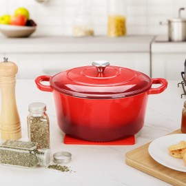 Herogo 6 Quart Enameled Cast Iron Dutch Oven with Lid and Silicone Trivet Mat, Round Dutch Oven Pot Red with Dual Handles for Bread Baking Stewing Roasting Various Stoves & Oven Safe