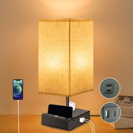 Eva's Light Table Lamp, 3-Way Dimmable Table Lamp, Touch Control, Type C/USB Charging Port, 1 AC Outlet, Linen Fabric Bedside Table Lamp for Bedroom Living Room (Bulb Included)