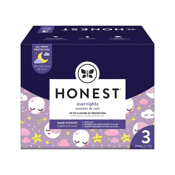 The Honest Company Clean Conscious Overnight Diapers | Plant-Based, Sustainable | Starry Night | Club Box, Size 3 (16-28 lbs), 60 Count