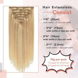 WindTouch Hair Extensions for Women, 18 Inch 70g 7pcs Honey Blonde Highlights Bleach Blonde Clip in Hair Extensions Real Human Hair, Soft Natural Straight Remy Human Hair Clip ins for Women