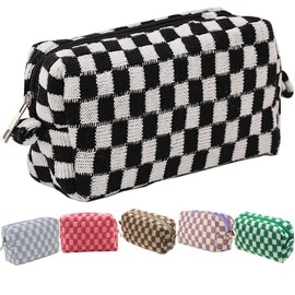1Pc Checkered Makeup Bag Knitted Cosmetic Bag,Large Capacity Makeup Bag Pencil Case Makeup Brush Storage Bag Knitted Toiletry Bag,Plaid Cosmetics Bags,Checkered Pencil Case Makeup Organizer Bag,Black