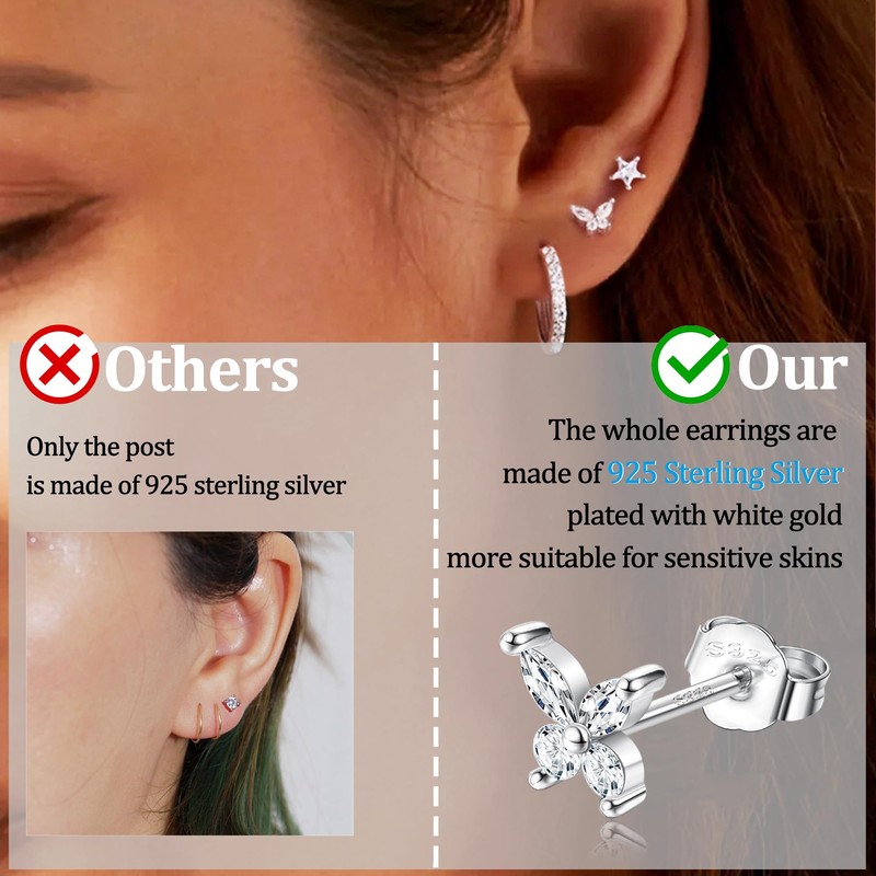 Kakonia 3 Pairs Hoop Stud Earrings Set Sterling Silver Small