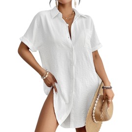Bsubseach Swimsuit Coverup for Women Button Down Beach Shirts Blouse Short Sleeve Swimwear Cover Ups White XXL