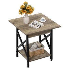 GreenForest End Table 24 inch for Living Room, Large Square Side Tables with X-Frame, Tall Industrial Bedside Nightstand with 2-Tier Storage, Gray Wash