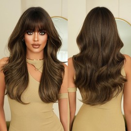 7JHH WIGS 24in Long Body Wave Dark Brown Highlight Blonde Wigs with Dark Roots Curly Afro Big Bouncy Fluffy Synthetic Fiber Glueless Heat Resistant 150% Density Wavy Wig for White Women Daily Used