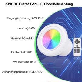 KWODE LED Underwater Pool Lighting for Above Ground Pool, 12 W RGB Dimmable Frame Pool Lighting with Remote Control, 12 V LED Underwater Spotlight with 7 m Cable, External Thread 2 ¼ Inch