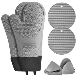 Nasjac 6 Piezas Guantes de Barbacoa de Silicona, Guantes Asador de Parrilla y Guantes de Horno y Soportes para Ollas, Resistente a Altas Temperaturas Utensilios de Cocina para Cocina y Horneado