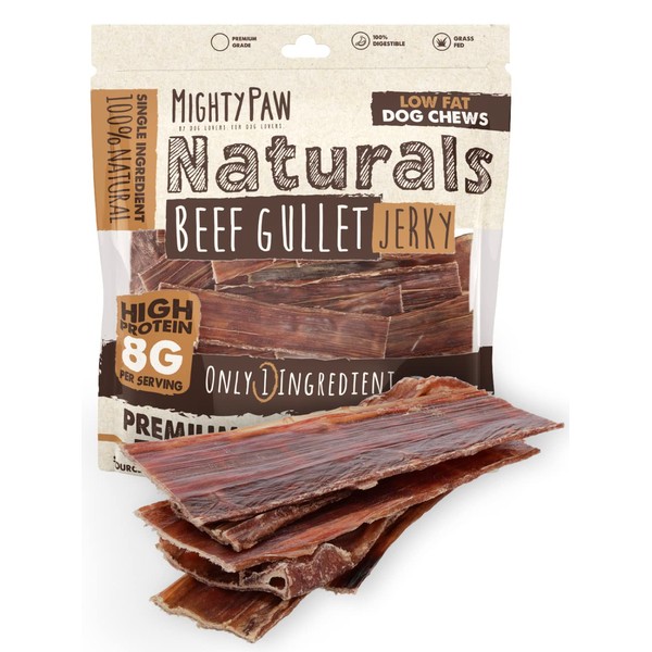 Mighty Paw Naturals Beef Gullet Jerky for Dogs | 100% Natural Dog Jerky Treats for Large Dogs, Medium Pets & Small Breeds. Healthy Beef Jerky Dog Treats. Dog Treats Jerky Strips 14oz