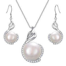 BriLove Women's Jewelry 925 Sterling Silver CZ Cream Freshwater Cultured Pearl Hollow Swirl Leaf Pendant Necklace Hook Dangle Earrings Set Clear, Christmas Birthday Mother's Day Gifts for Mom Wife