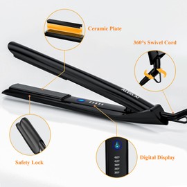 ALEELAI Flat Iron Hair Straightener and Curler 2 in 1 Plancha de Cabello with 3D Floating Plates, Smart Temperature Control, MCH Heating, Dual Voltage 100V-240V & 360° Rotatable Extra-Long Cord