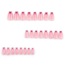 24pcs White French Tip Press on Nails Short Almond Fake Nails with Designs Red Bow Fake Nail Tips Glue on Nails Cute Bows Acrylic Nails Pink Full Cover Stick on Nails for Women Nail Decoration