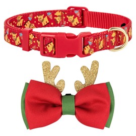 azuza Christmas Dog Collar Reindeer Print Xmas Dog Collar with Removable Glitter Antler Bowtie, Adjustable Dog Collar Accessories for Medium Dogs