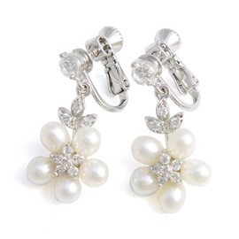 VingTAINE E2-34 Stone x Freshwater Pearl Flower Earrings, Cubic Zirconia, Cubic Zirconia Brass, Cubic Zirconia Pearl