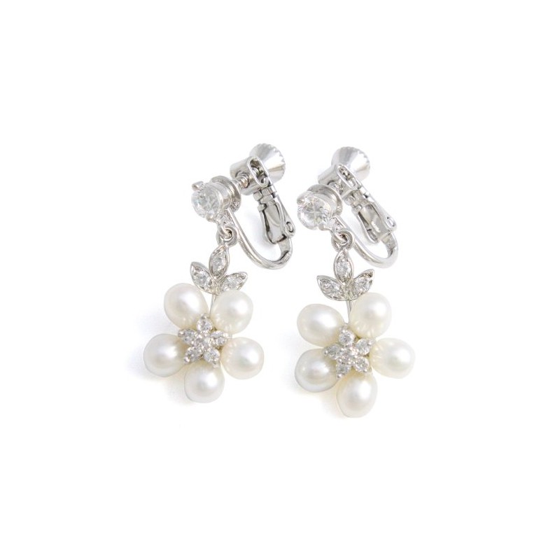 VingTAINE E2-34 Stone x Freshwater Pearl Flower Earrings, Cubic Zirconia,