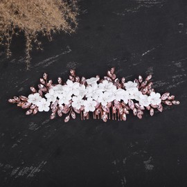 Teyglen Bride Flower Wedding Hair Comb Headband White Flower Pink Rhinestone Headpiece Bridal Crystal Hair Piece Hair Accessories for Women Girls (Pink)