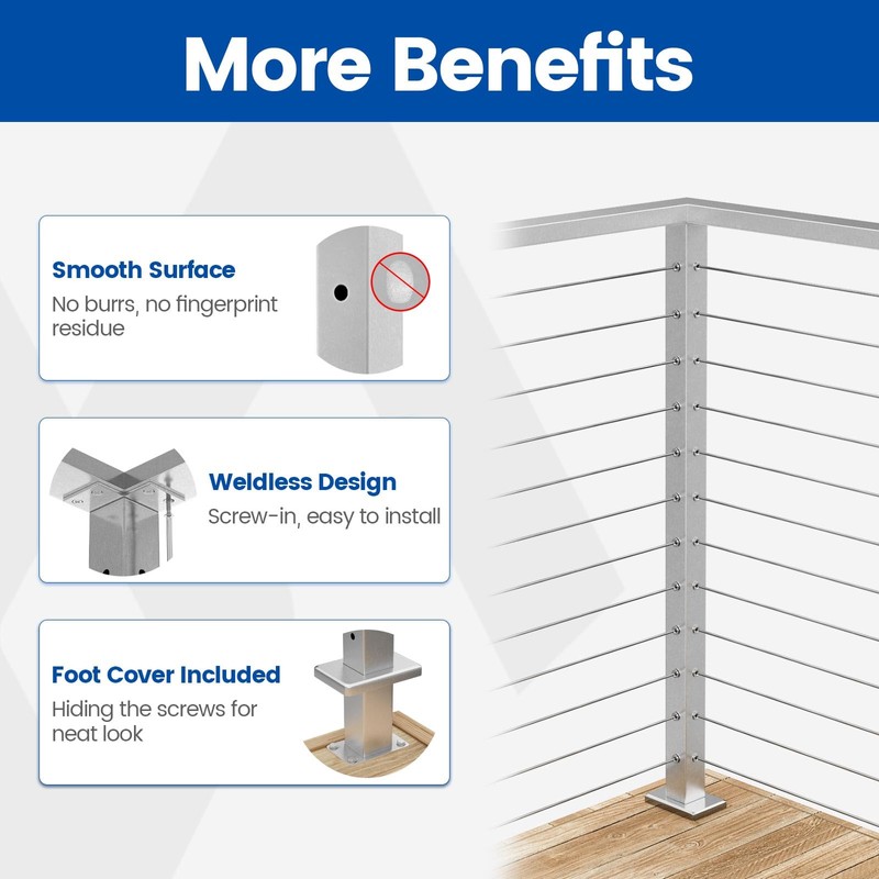 Muzata Corner Cable Railing Post 42 Inch 42"x2"x2" T-drilled One-Post
