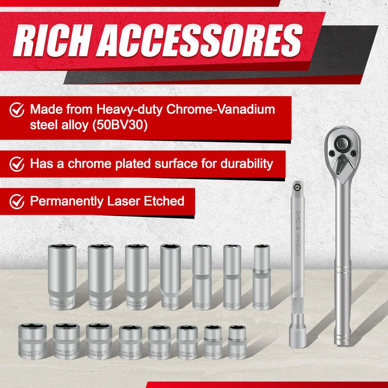EACELIY 69pcs 1/4”&3/8"" Drive Impact Socket Set,Drive Master Socket Set,SAE/Metric,