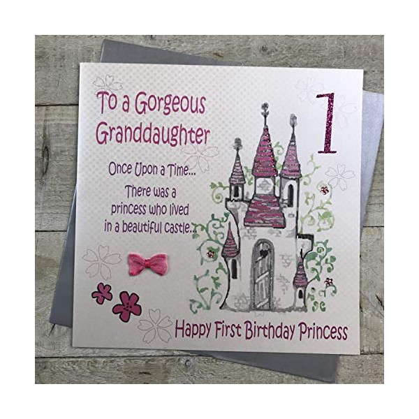 WHITE COTTON CARDS to A Gorgeous Granddaughter, Handmade Large 1st Birthday Card, Fairy Tale, Princess Castle (Code XGL4)