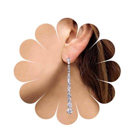 Yheakne Vintage Rhinestone Chain Drop Earrings Silver Linear Crystal Earrings Sparkle CZ Tassel Earrings Long CZ Chain Stud Earrings Jewellery for Women and Girls (Round Crystal)