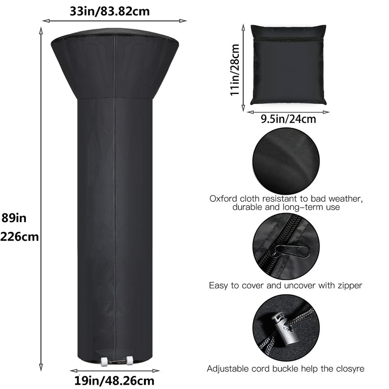 Hualedi Patio Heater Covers with Zipper and Storage Bag,Waterproof,Dustproof,Wind-Resistant,Sunlight-Resistant,Snow-Resistant,Black,89'' Height