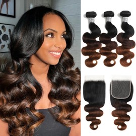AUROO Chestnut Brown Ombre Body Wave 3 Bundles with 5x5 Closure Human Hair 18 20 22+16, 10A 3 Tone Medium Brown Colored Wavy Human Hair Bundles with HD Lace Closure Free Part #T1B/2/30 Ombre Remy Weft