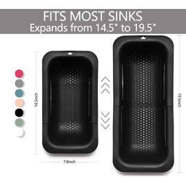 Adjustable Over the Sink Colander Strainer, Silicone Clip On Strainer for Pots Strainers and Colanders Plastic Drainer Basket for Food Pasta Vegetables Kitchen, Extendable 14.5"-19.5", Black