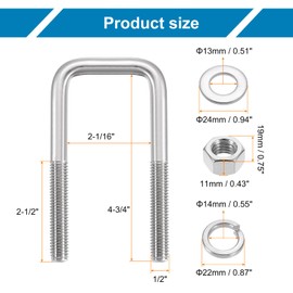 uxcell U Bolts, 4 Set 2-1/16" x 4-3/4" - 304 Stainless Steel Square U Bolt with Washers and Nuts, Heavy Duty U-Bolts for Boat Trailer Automobiles Trailer Sailboat Industrial Fasteners