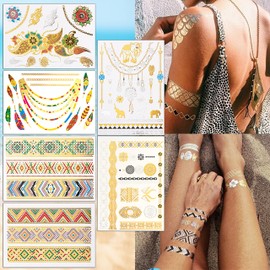 ANDANTE Set of 6 Sheets of Glitter Effect Stickers Waterproof Temporary Tattoo Stickers Gold Silver