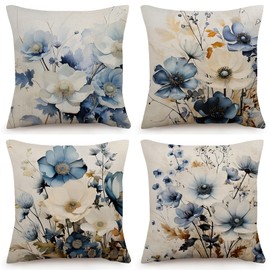 OYIMUA Beige Cushion Covers 45 x 45 Linen Floral Cushions Covers Set of 4 Square Cushion Cover 18 x 18 Inches Decorative Pillows Sofa Throw Pillow Cases Outdoor Cushion Cases Home Decor