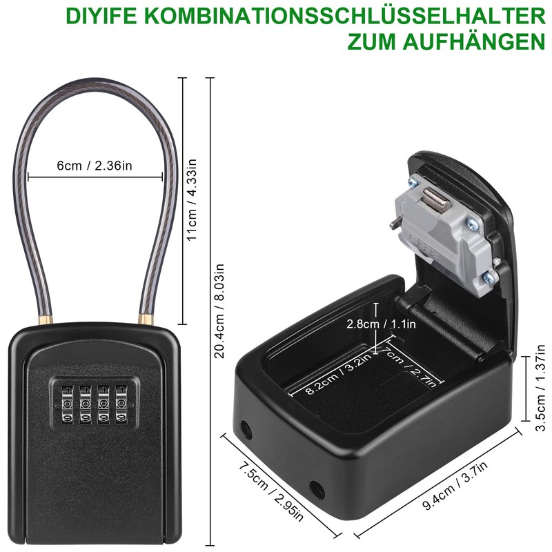 Diyife Key Safe with Removable Cable, Waterproof Key Cabinet Key