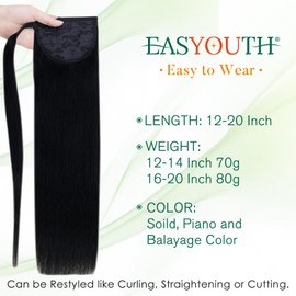 Easyouth Jet Black Human Hair Extension Ponytail Warp Around Ponytail Extension Straight Human Hair Pony Tails Extensions with Clip Black Easy to Blend with Natural Hair 16 Inch 80G