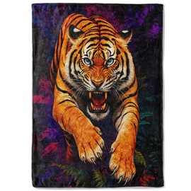 coedoaes Fierce Tiger Fleece Blanket,50x60in,Bold Jungle Attack Vivid Purple and Red Forest Throw Blankets,Soft Cozy Lightweight, Ideal for Bed Living Room Home Cool Decor,Adults Gifts