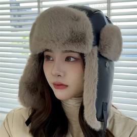 GIBZ Aviator Hat for Women Plush Winter Hat with Ear Protection Windproof Leather Russian Trapper Hat, khaki