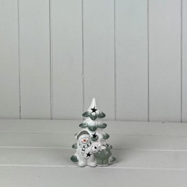 Green/White Ceramic Christmas Tree with Snowman and Reindeer with LED Light Up Ornament Xmas Gift
