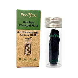 EcoYou Charcoal Bamboo Floss | 1 Non Toxic Natural Floss Refill with Glass Container | Organic Mint & Candelilla Wax | Vegan & Biodegradable | Compatible with Similar Size Dental Silk Containers