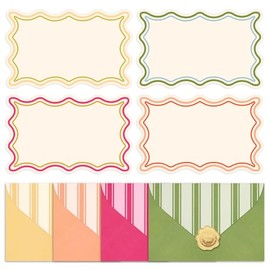 Whaline Juego de 60 notas planas en blanco con sobres, 4 colores, borde ondulado, tarjetas de notas no plegables, tarjetas de índice en blanco para ba